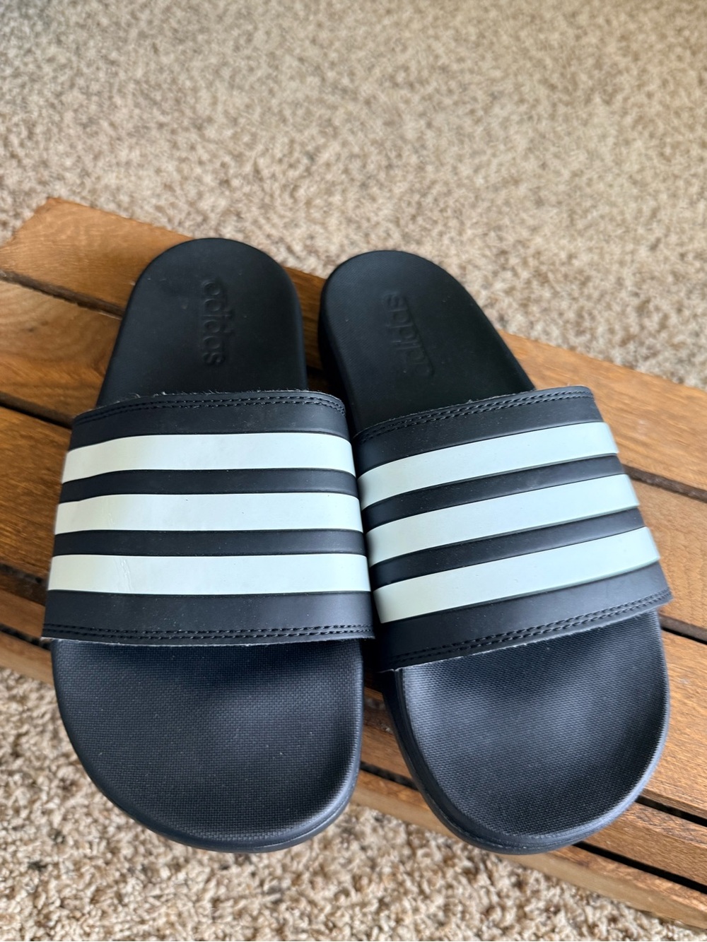 adidas mens Black Slides with White Stripes